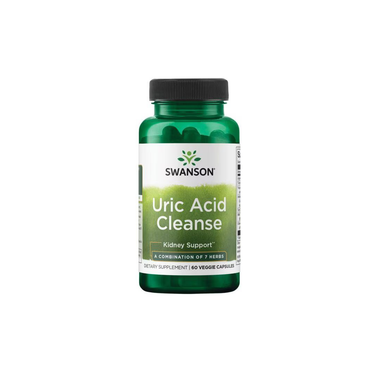 Swanson's Uric Acid Cleanse is a green bottle with 60 veggie capsules, labeled for kidney support and containing a blend of seven health-promoting herbs.